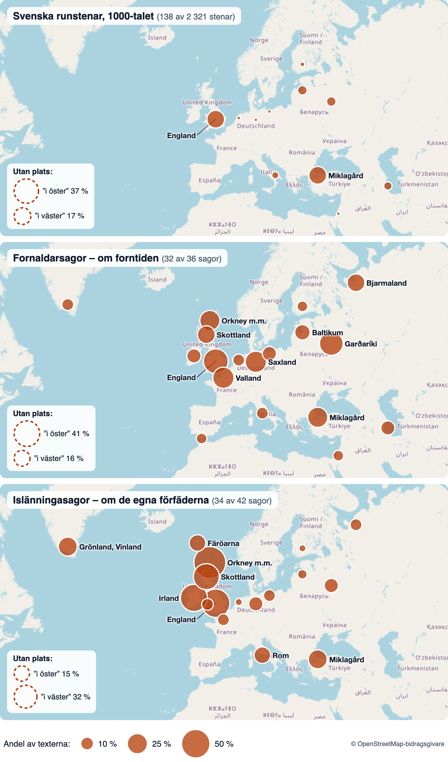Karta över platserna utanför Norden i runstenar och sagor