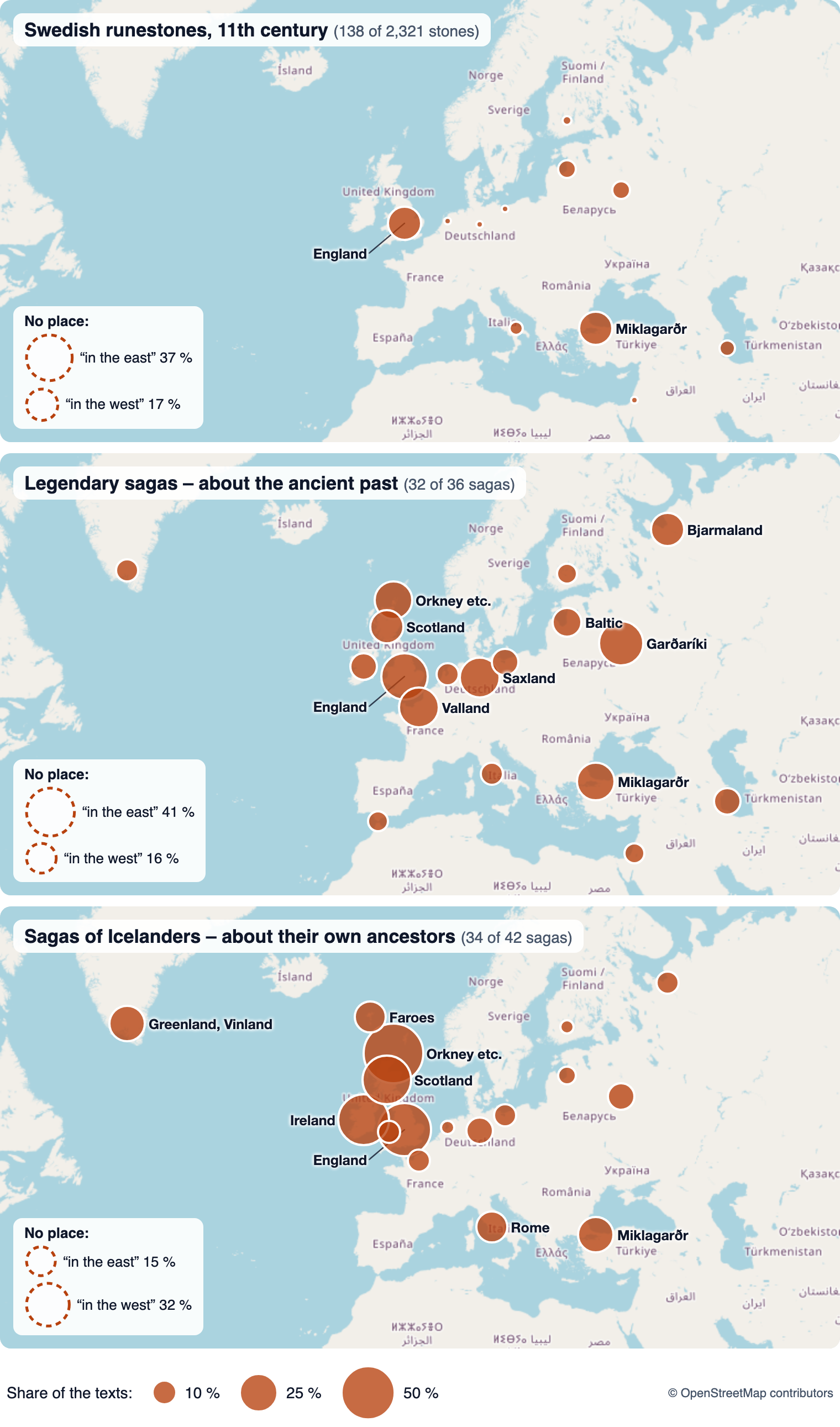 Map of the places outside Scandinavia in runestones and sagas